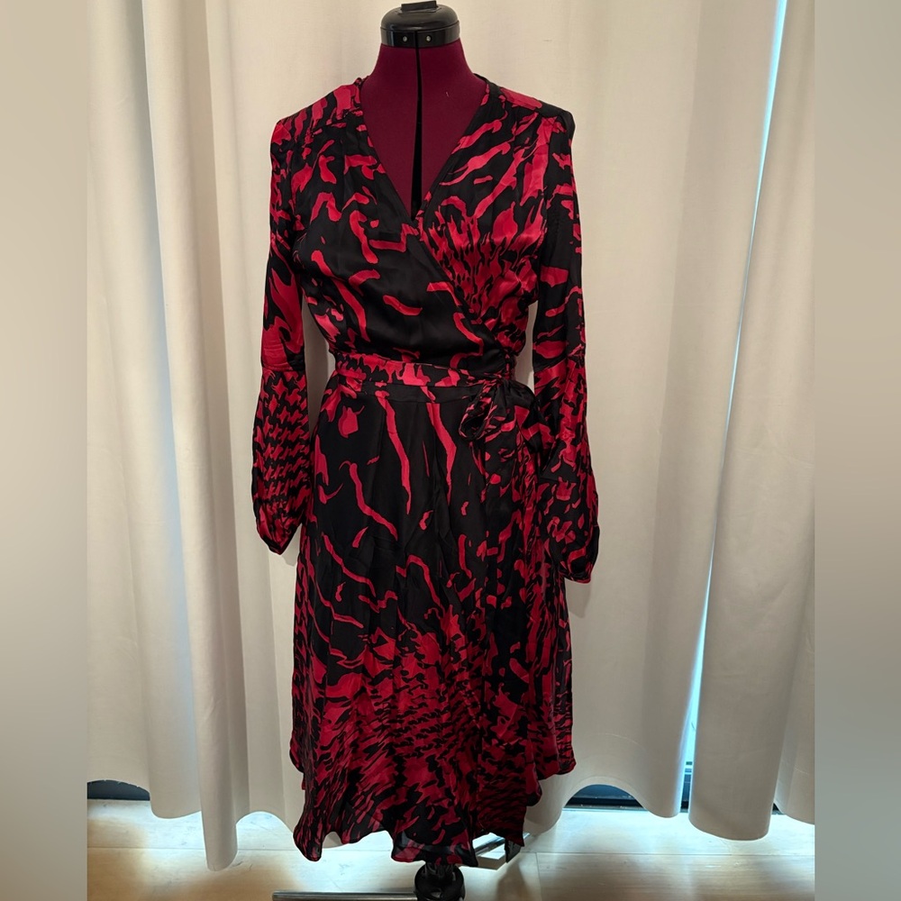 Zara Red / Black Animal Print Wrap Dress - 100% Silk Sz L - 15 years old!